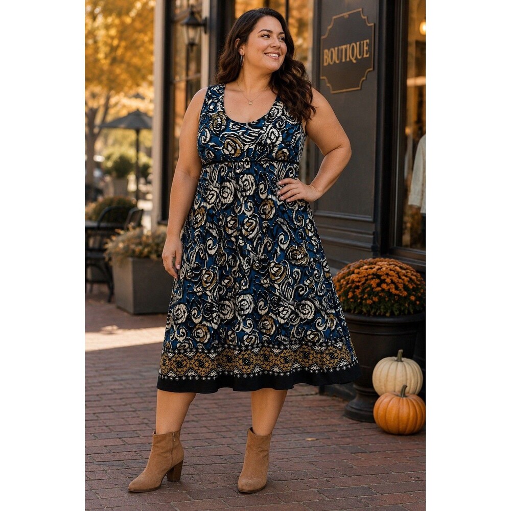En Focus Women’s Blue Black Paisley Sleeveless Midi Dress Empire Waist XL Flowy